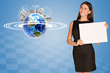 Beautiful businesswoman holding paper holder. Earth with buildings and orbit