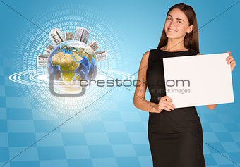 Beautiful businesswoman holding paper holder. Earth with buildings and figures
