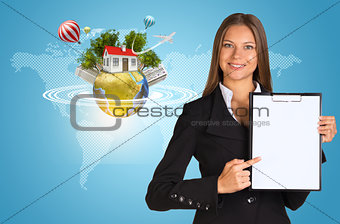 Beautiful businesswoman holding paper holder. Earth with buildings and trees