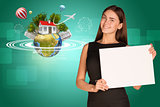 Beautiful businesswoman holding paper holder. Earth with buildings and trees