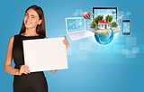 Beautiful businesswoman holding paper holder. Electronics, Earth with buildings and trees