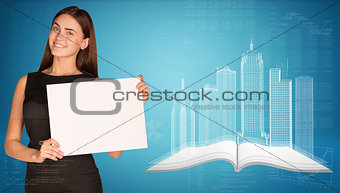 Businesswoman holding empty paper. Wire-frame buildings, open book and graphs