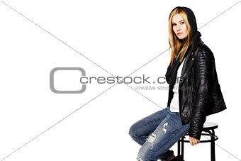 Woman sitting on stool