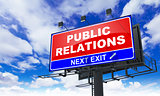 Public Relations Inscription on Red Billboard.