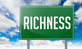 Richness on Green Highway Signpost.