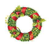 green christmas wreath with decorations.