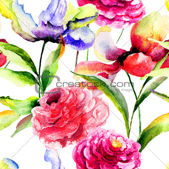 Seamless pattern with Tulip and Peony flowers