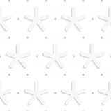 White snowflake shapes with blue dots on white pattern