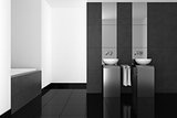 modern bathroom with double basin and black floor 