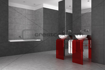 tiled bathroom with double basin and bathtub