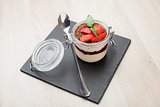 Delicious italian cream dessert pannacotta with grated chocolate