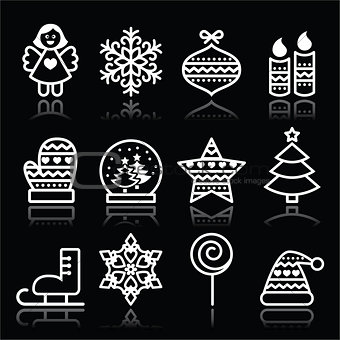 Christmas white icons with stroke on black