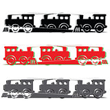 several steam colorful locomotives on white background.