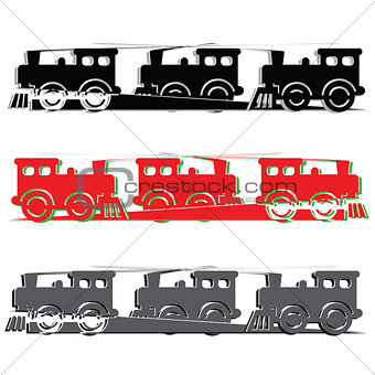 several steam colorful locomotives on white background.