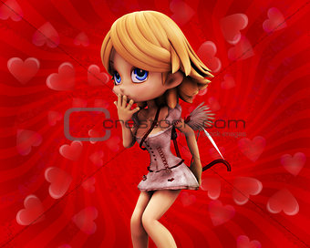Cupid girl on red background