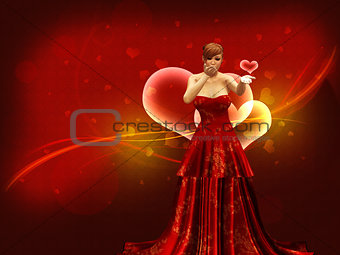 Girl in red dress blow heart