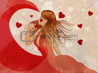 Girl in red dress with hearts