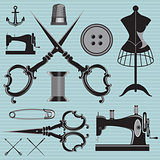 set of items and equipment to topics tailor, clothing, repair