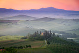 Tuscany Farmhouse Belvedere at dawn, San Quirico d'Orcia, Italy