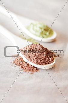 Raw ingredient of cocoa and green tea powder 