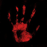 Scary bloody hand print on black background 