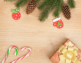 Christmas fir tree, decor and gift box