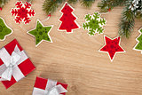 Christmas fir tree, gift boxes and decor