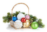 Colorful christmas baubles and fir tree