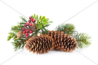 Christmas tree branch with holly decor