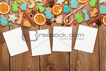 Christmas wooden background with photo frames