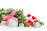 Christmas colorful decor, gift box and snow fir tree