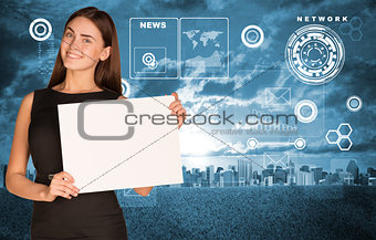 Businesswoman hold paper sheet. Virtual elements and city