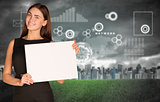 Businesswoman hold paper sheet. Virtual elements and city
