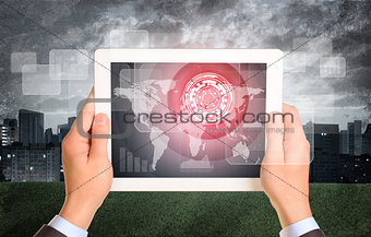 Man hands using tablet. Virtual elements on touchscreen