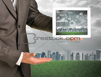 Man hands using tablet. Virtual elements on touchscreen