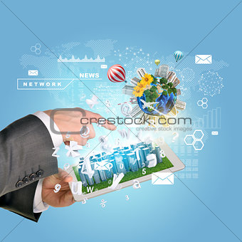Man hands using tablet pc. Business city on touch screen. Earth with buildings near computer
