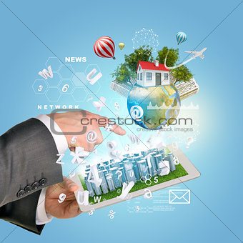 Man hands using tablet pc. Business city on touch screen. Earth with buildings near computer