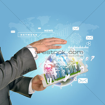 Man hands using tablet pc. Business city on touch screen. Earth as backdrop