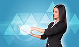 Women using digital tablet. Transparent triangles with glow circles