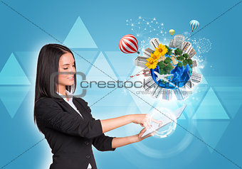 Women using digital tablet. Earth with buildings, flowers, airplane and air balloons
