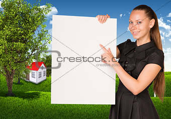 Businesswoman holding empty paper. House and nature landscape