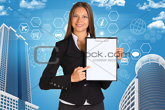 Businesswoman holding paper holde. Building and hexagons with icons