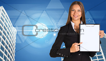 Businesswoman holding paper holde. Building and transparent triangles