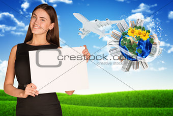 Businesswoman holding empty paper. Earth with buildings and nature landscape