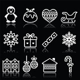 Christmas, winter white icons with stroke on black
