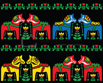 Swedish Dala horse folk art seamless pattern on black