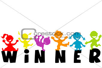 Illustration with word WINNER and happy children silhouettes