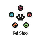 Pet shop logo with pet paw and what dog needs