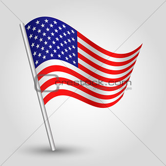 vector 3d waving american flag on pole - national symbol of United States of America USA with inclined metal stick