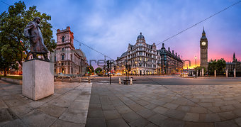 Panorama of Parliament Square and Queen Elizabeth Tower in Londo